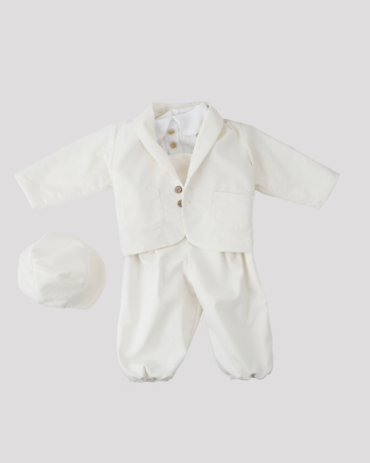 A white suit and hat are displayed against a plain background.