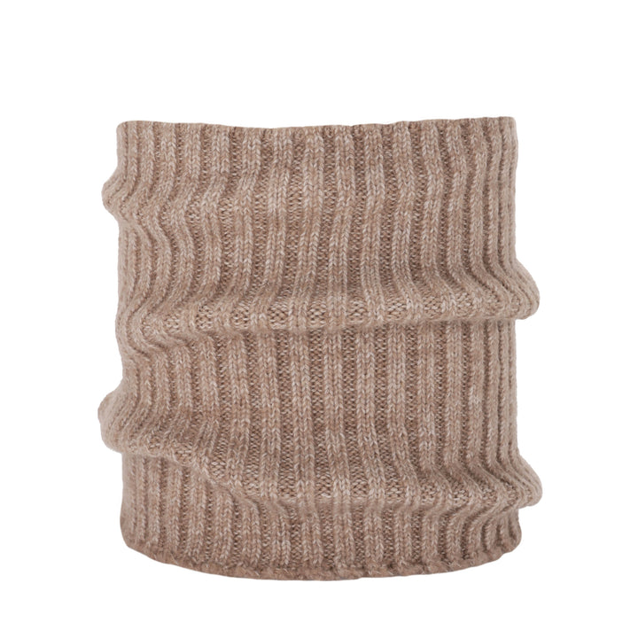 A beige knitted scarf or cowl with a ribbed texture and a slightly curled shape.