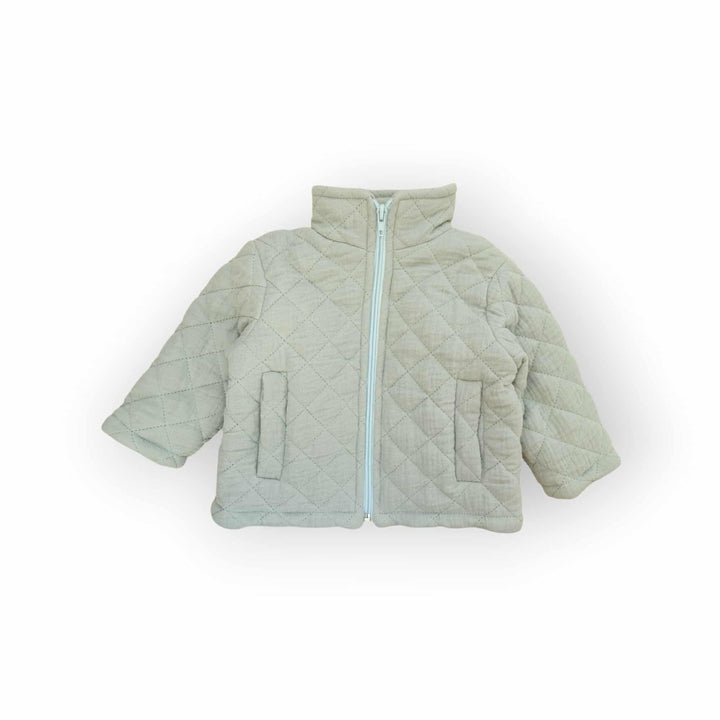 A light gray quilted jacket with a zipper and two pockets, displayed against a white background.
