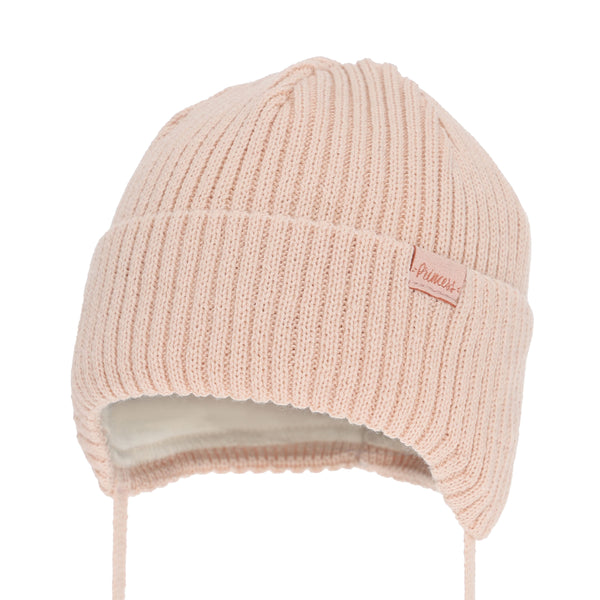A pink knit beanie with a lace-up front and a small "Princess" label on the front.
