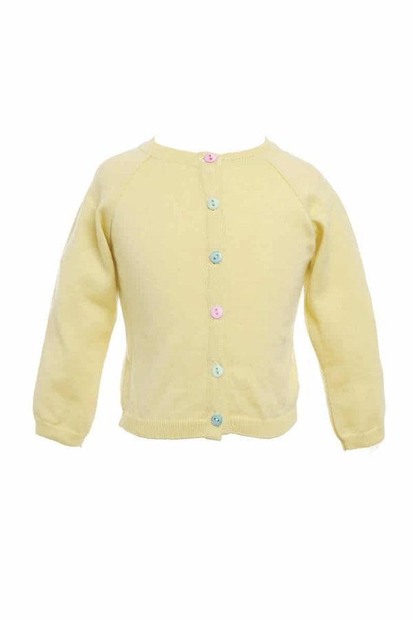A yellow cardigan with buttons, featuring a simple and classic design.