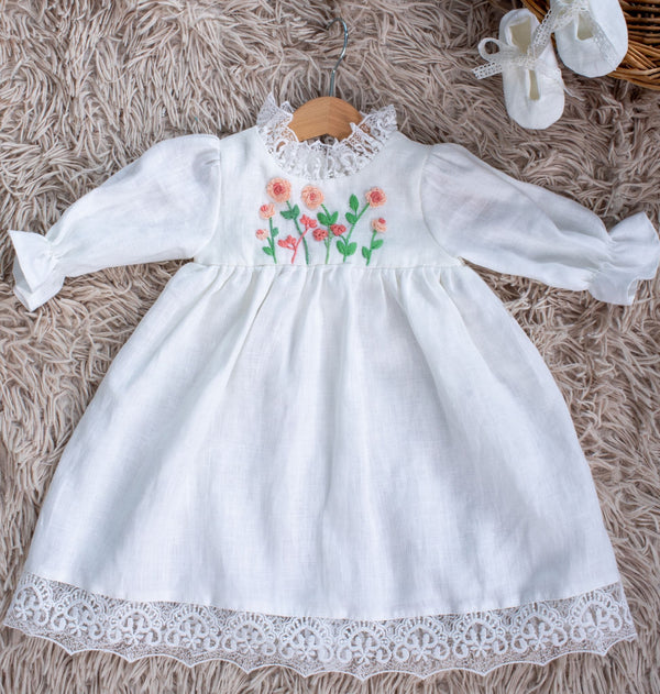 Rochie din in prespalat, Penelope, cu broderie manuala