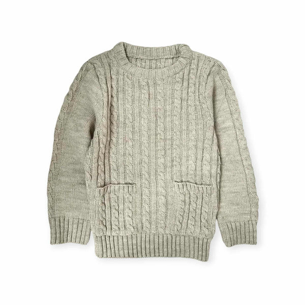 A gray, knitted sweater with a ribbed texture and two pockets.