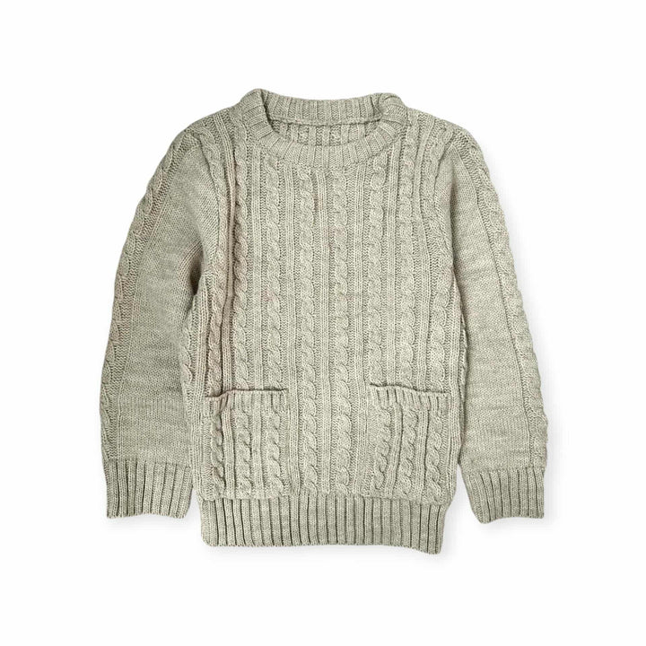 A gray, knitted sweater with a ribbed texture and two pockets.