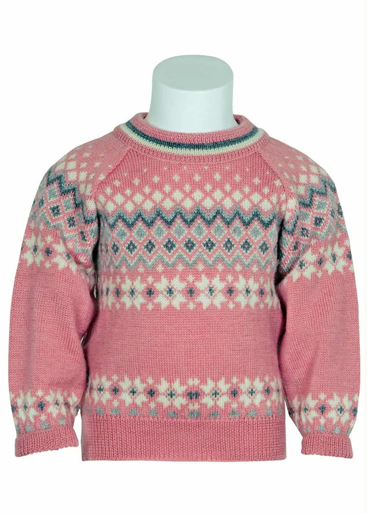 A pink knitted sweater with a pattern of white and gray diamonds on the front.