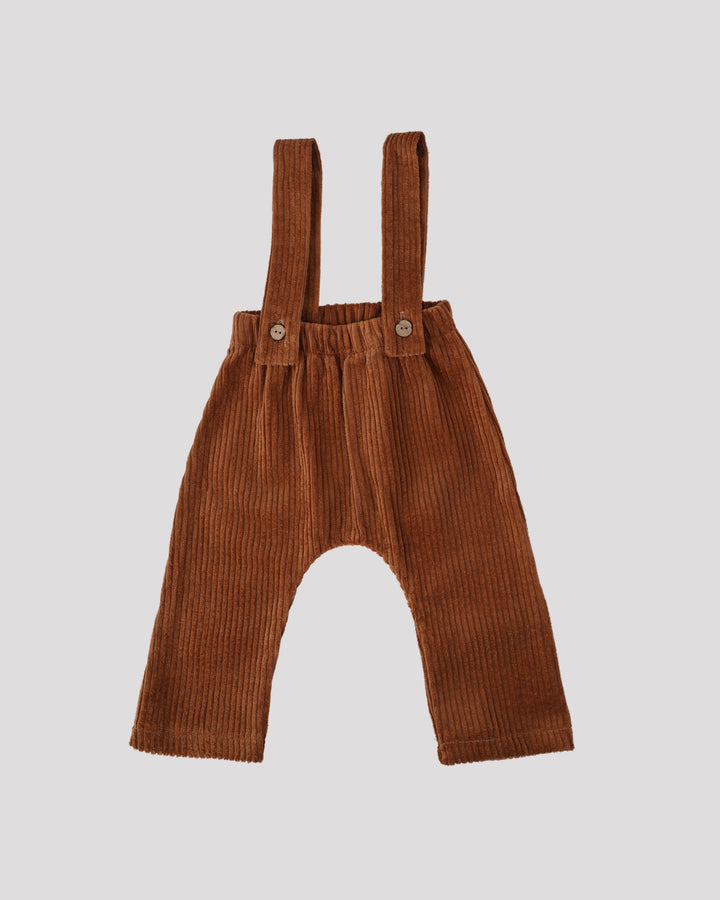 A pair of brown corduroy pants with two handles on the front.