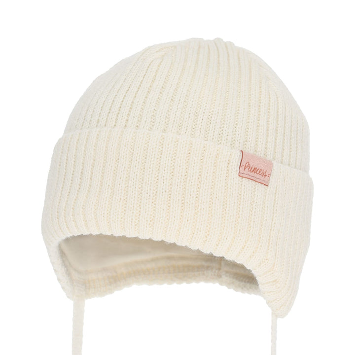A white knit beanie with a pink label on the front.