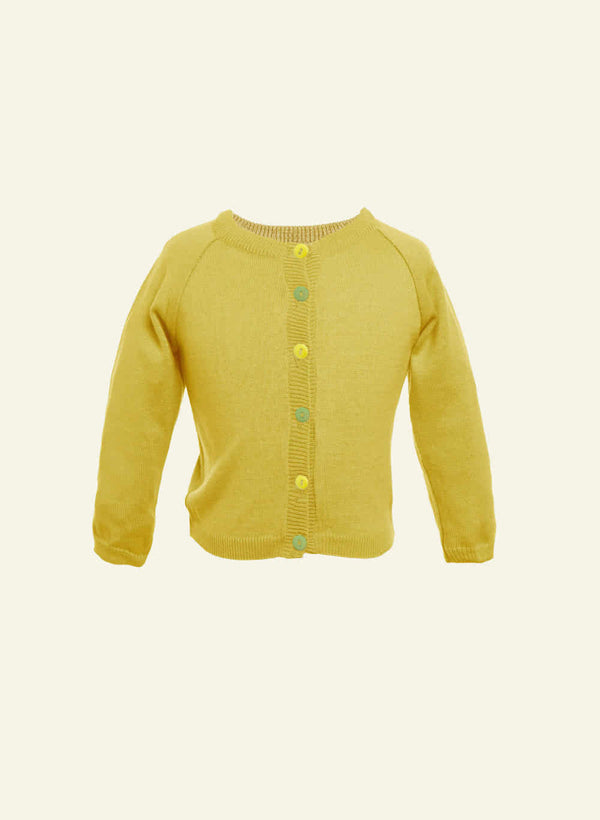 A yellow cardigan with buttons, displayed against a plain white background.