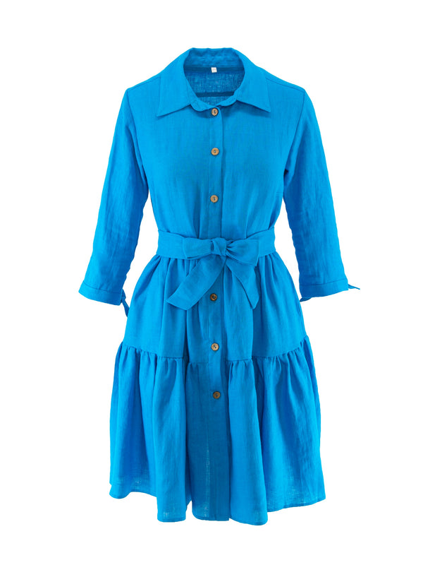 Stock Sale - Rochie cu volane din in prespalat, Jewel, Aqua Blue, Xs/S