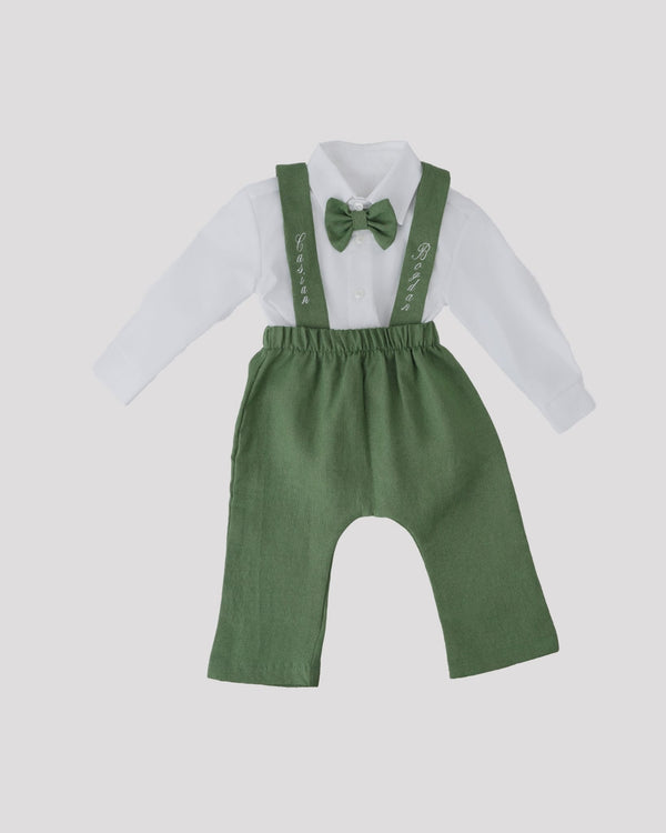 A white shirt and green pants with a bow tie, displayed against a plain background.