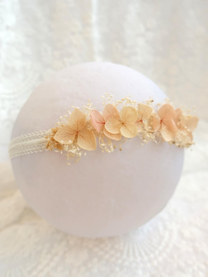 A white round object with a delicate floral arrangement of small flowers on it.
