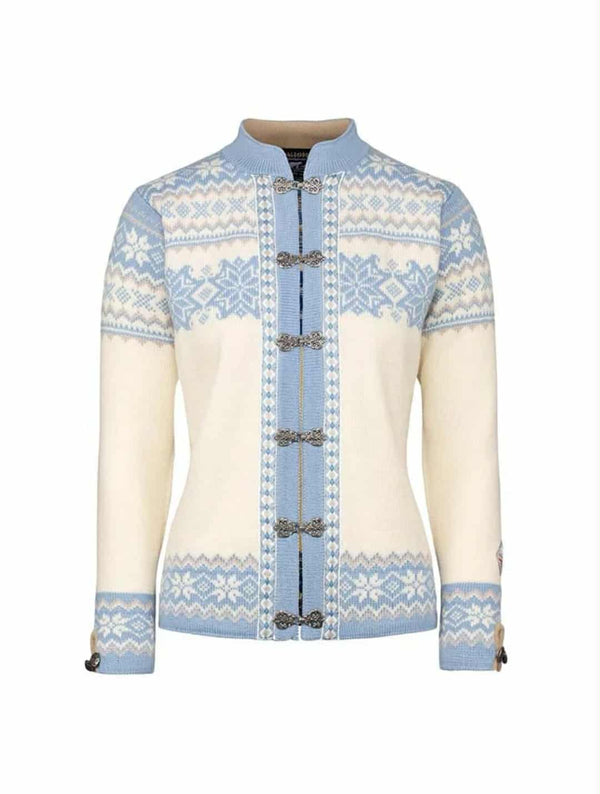 A light blue and white knitted cardigan with a patterned design and metal buttons.