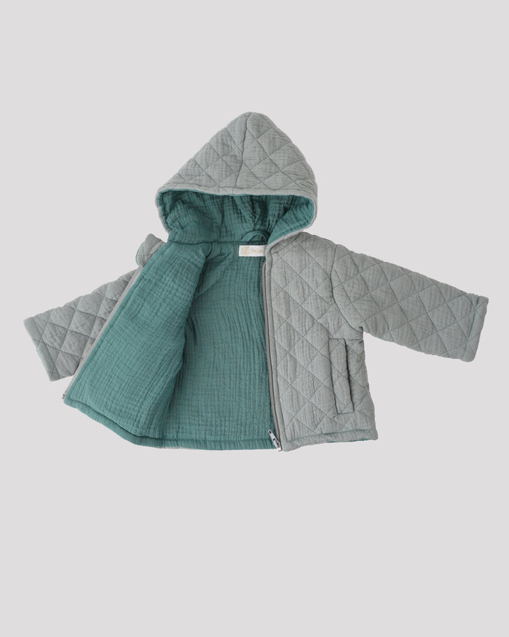 A gray quilted jacket with a hood, displayed against a plain background.