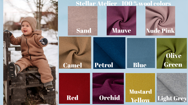The image is a collage of various fabric swatches, each representing a different color, including sand, mauve, nude pink, olive green, blue, camo, petrol, blue, yellow, mustard, orchid, and light grey. The collage also features a young child sitting on a wooden bench, wearing a brown outfit.