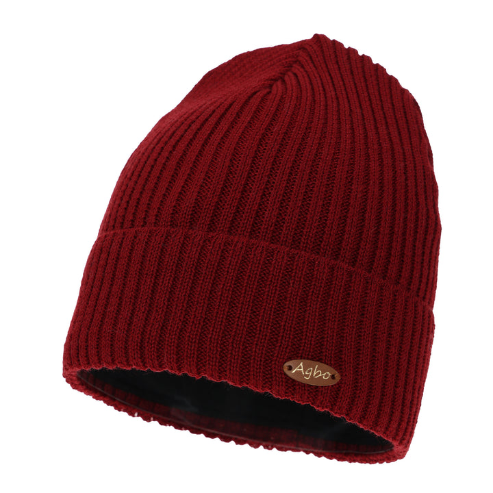 A red knit beanie with a gold "Agbo" logo on the front.