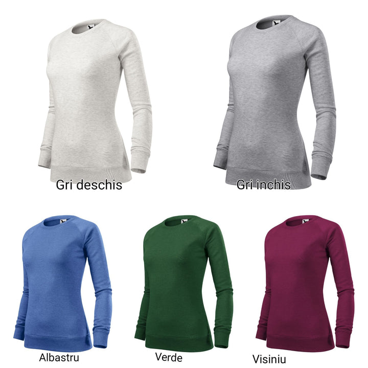 a collection of six different women's long-sleeved tops in various colors, including white, gray, blue, green, burgundy, and Visiniu.