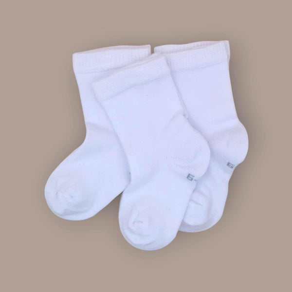 A pair of white socks is shown against a neutral background.