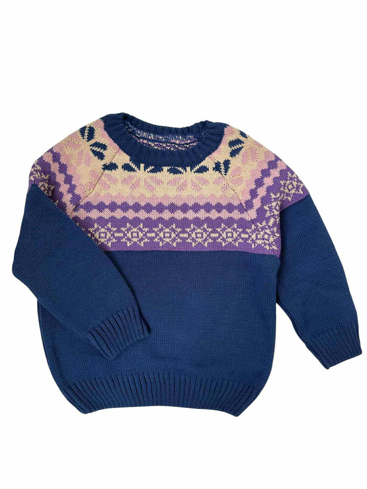 A blue and purple knitted sweater with a patterned design on the front.