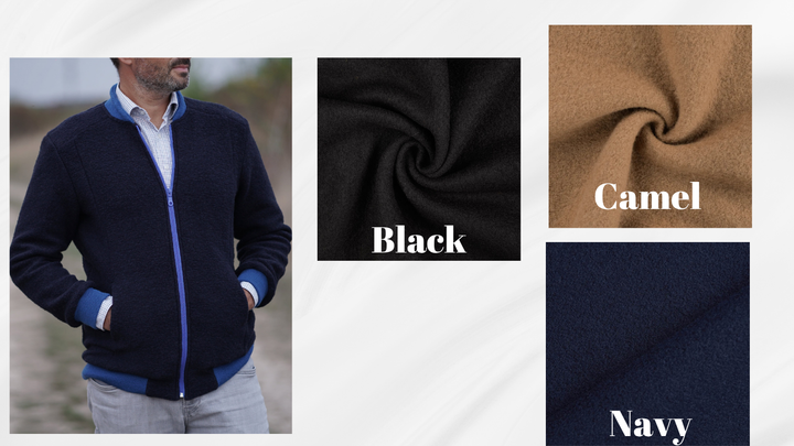 A collage of four images, each depicting a different fabric texture or color: black, camel, navy, and black.