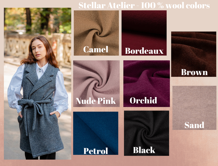 The image is a collage of fabric swatches and a photo of a woman wearing a grey vest. The collage displays various fabric swatches in different colors, including camel, bordeaux, nude pink, orchid, sand, and black. The photo features a woman wearing a grey vest.