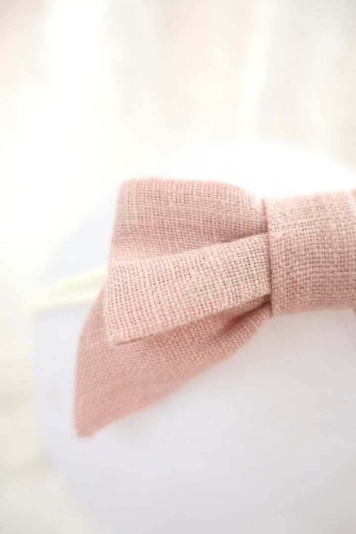 A close-up image of a pink bow tie against a white background.