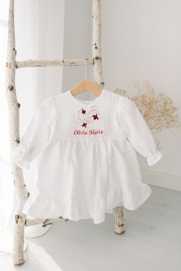 Rochie din muselina, personalizata cu nume, cu buburuze in zbor
