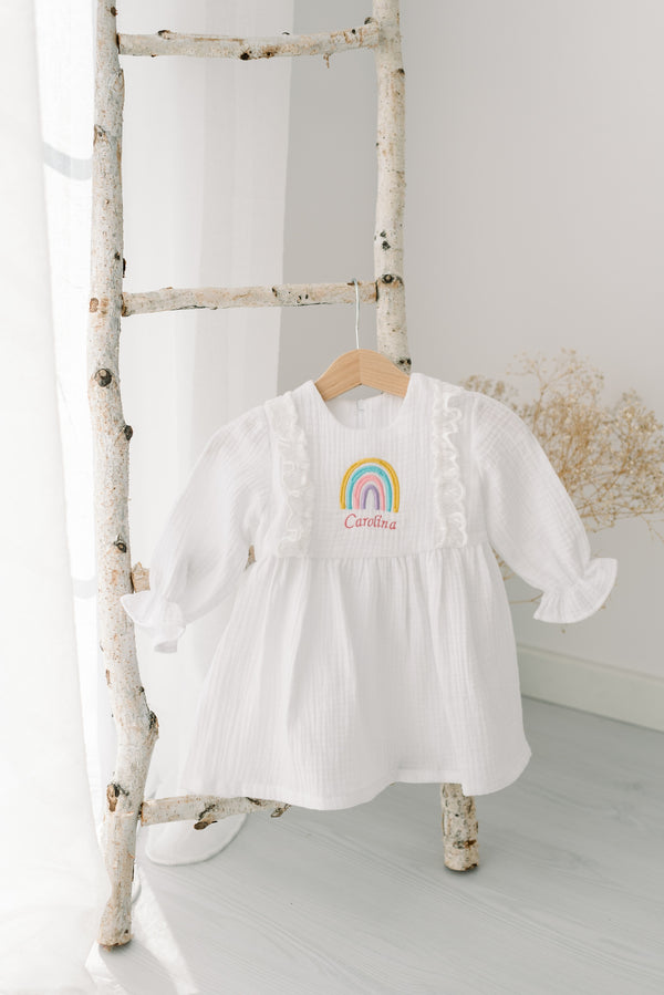 Rochie din muselina, personalizata cu nume, model curcubeu