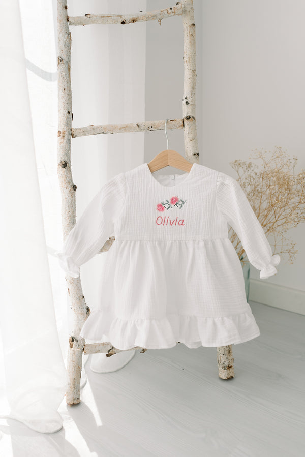 Rochie din muselina, personalizata cu nume, cu trandafiri