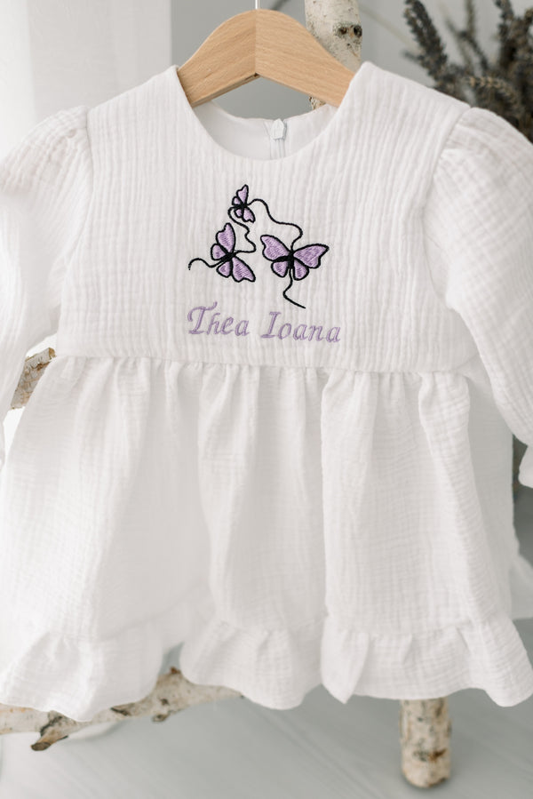 Rochie din muselina, personalizata cu nume, cu fluturasi