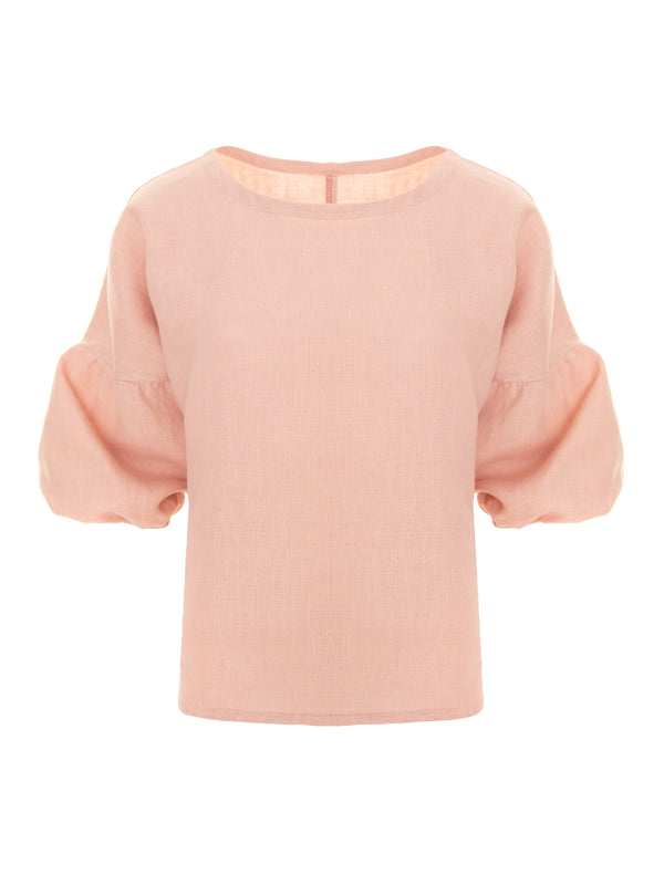 Bluza cu maneci bufante din in prespalat,Light Pink
