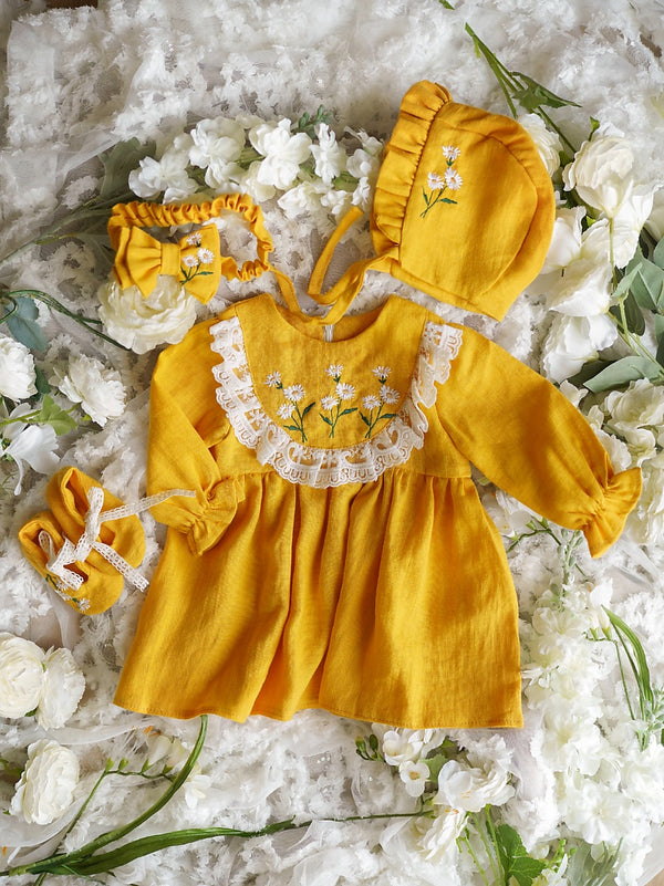 Rochie din in prespalat, Flori de Camp, Galbena