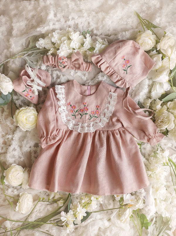 Rochie din in prespalat, Flori de camp, Roz