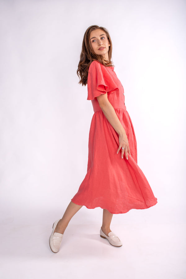 Rochie din in prespălat, Victoria, Coral