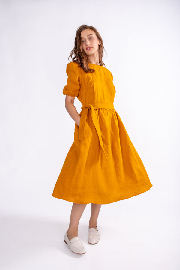 Rochie din in prespălat, Grace, Mustard Yellow
