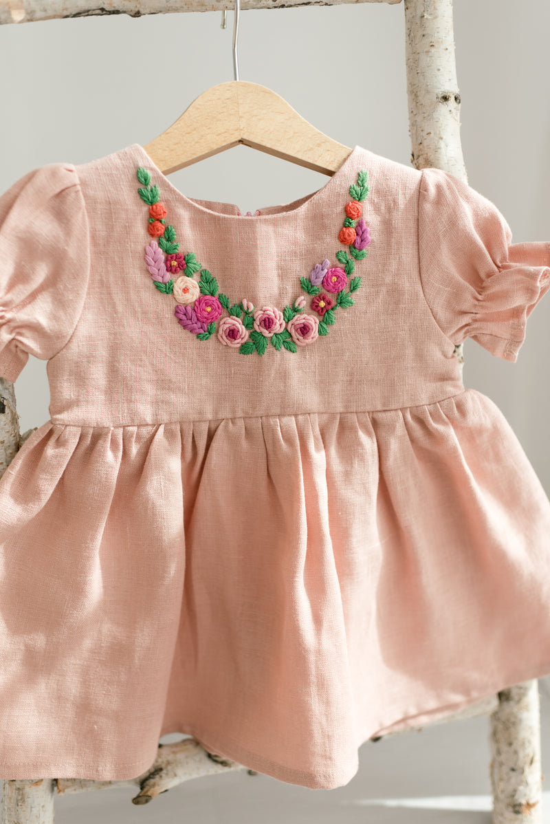 Rochie din in prespalat cu broderie manuala, Crown of Flowers