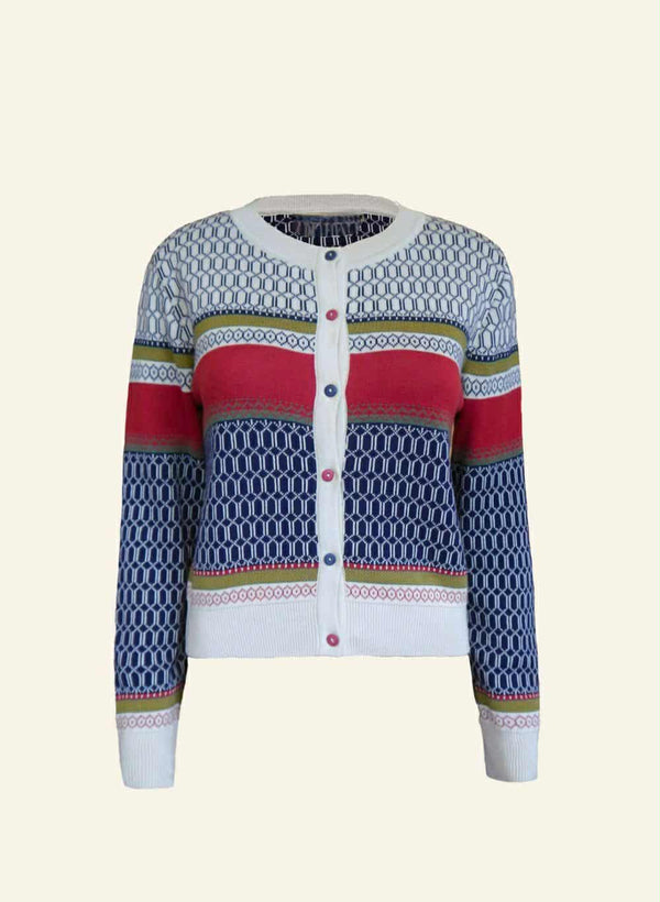 A colorful, patterned cardigan with a white collar and buttons.
