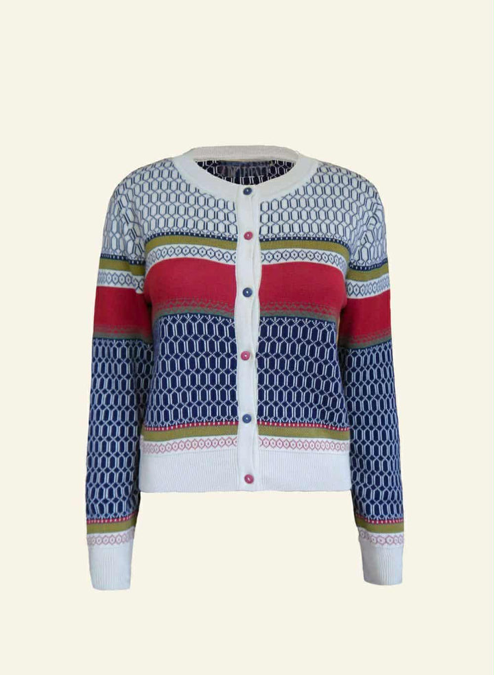 A colorful, patterned cardigan with a white collar and buttons.
