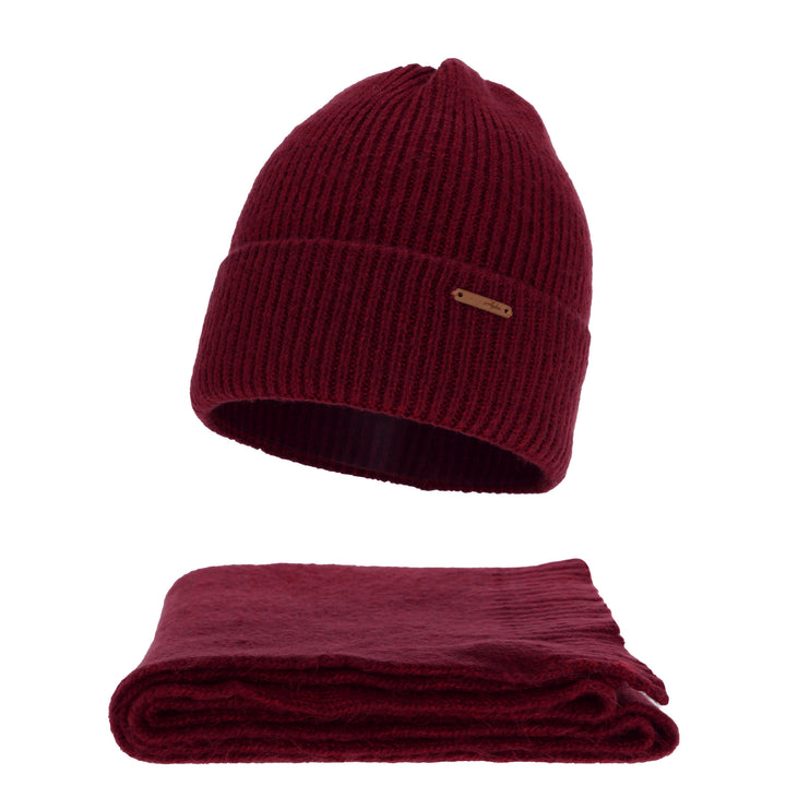A burgundy knit beanie and a folded burgundy blanket are shown against a white background.