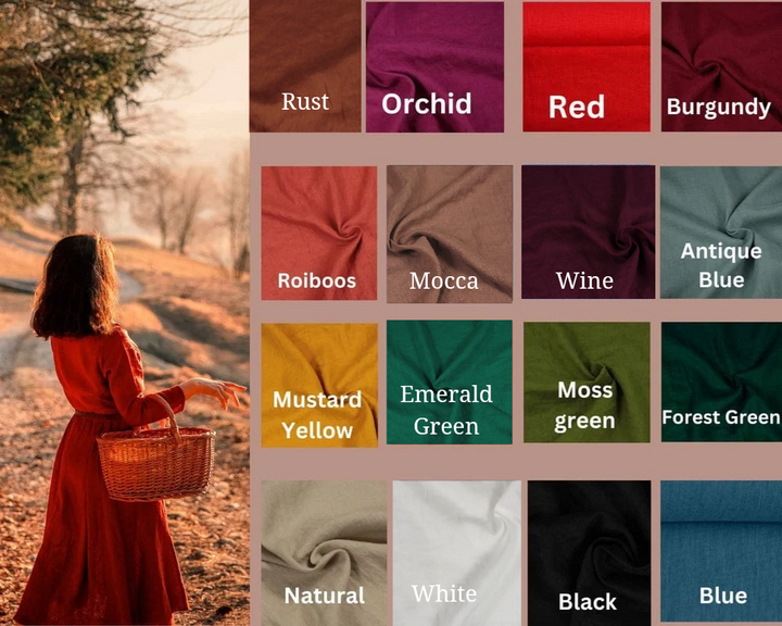 The image is a collage of various fabric swatches, each with a different color and texture, along with a woman in a red dress holding a basket.