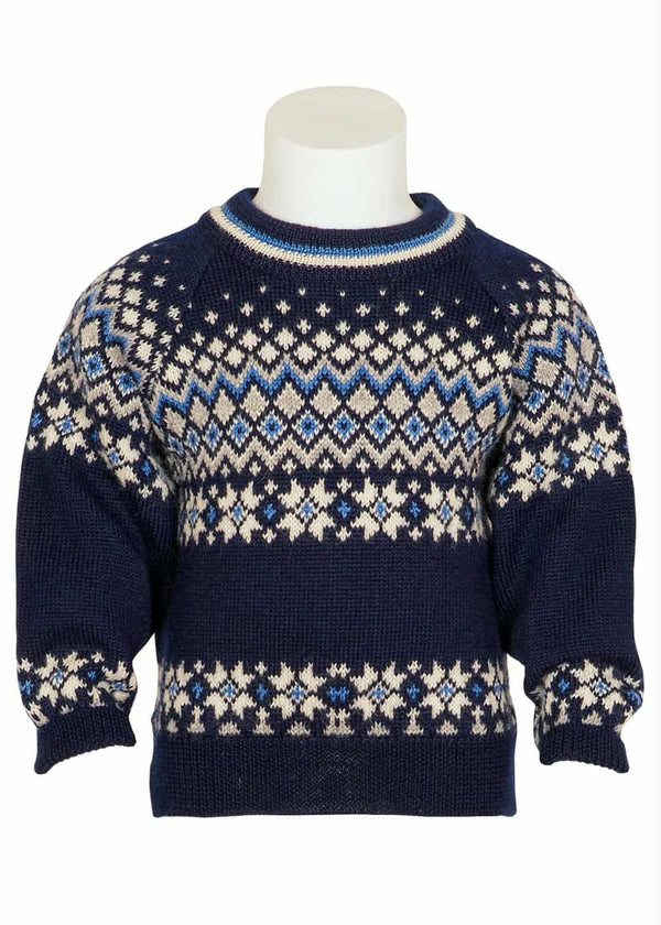 A navy blue and white knitted sweater with a diamond pattern design.