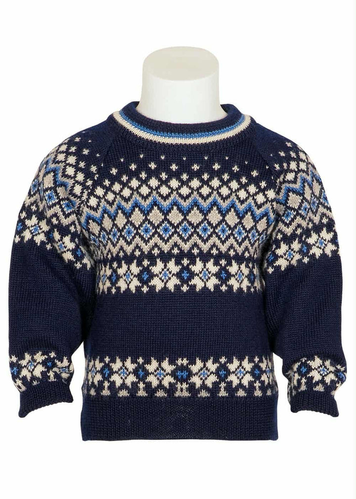 A navy blue and white knitted sweater with a diamond pattern design.