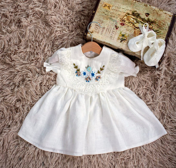 Rochie din in prespalat, Cornflower, cu broderie manuala