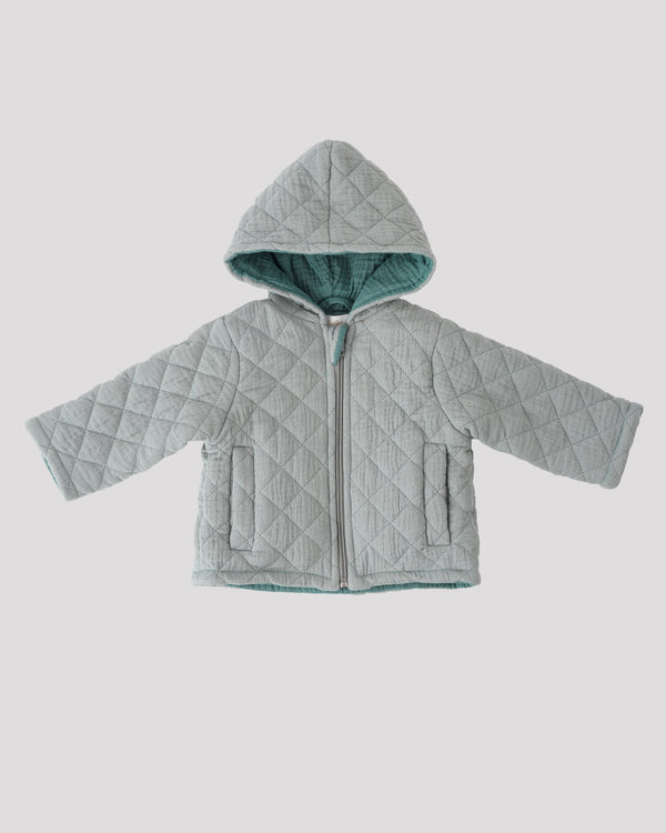 A gray quilted jacket with a hood, displayed against a plain background.
