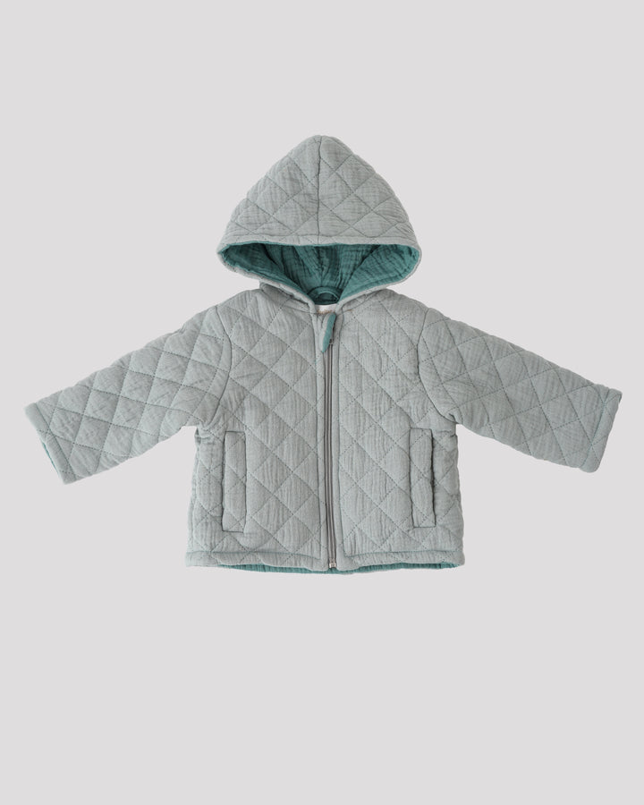 A gray quilted jacket with a hood, displayed against a plain background.