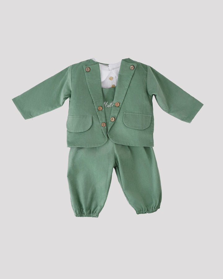 A green suit with a white shirt and buttons, displayed against a plain background.