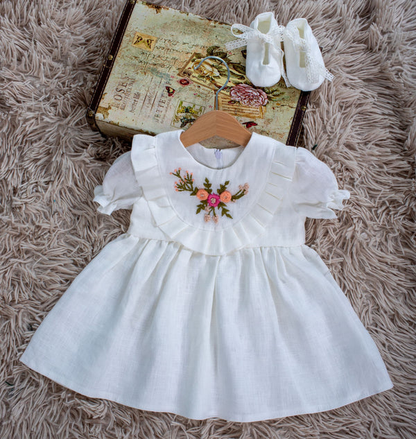 Rochie din in prespalat, Rosalinda, cu broderie manuala