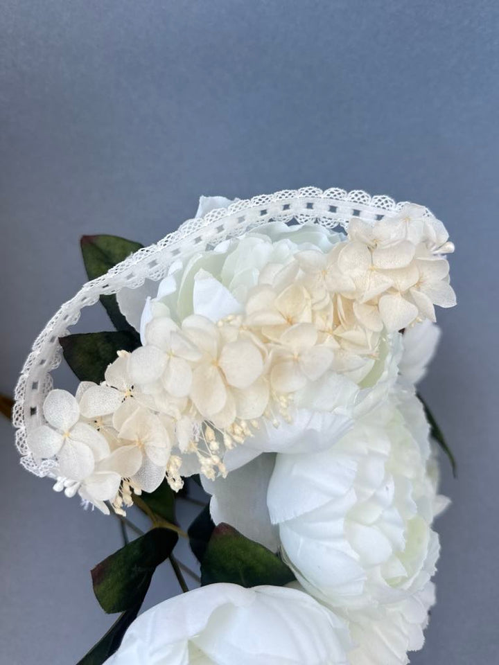 A close-up view of a white flower arrangement with a delicate lace-like border, set against a blue background.