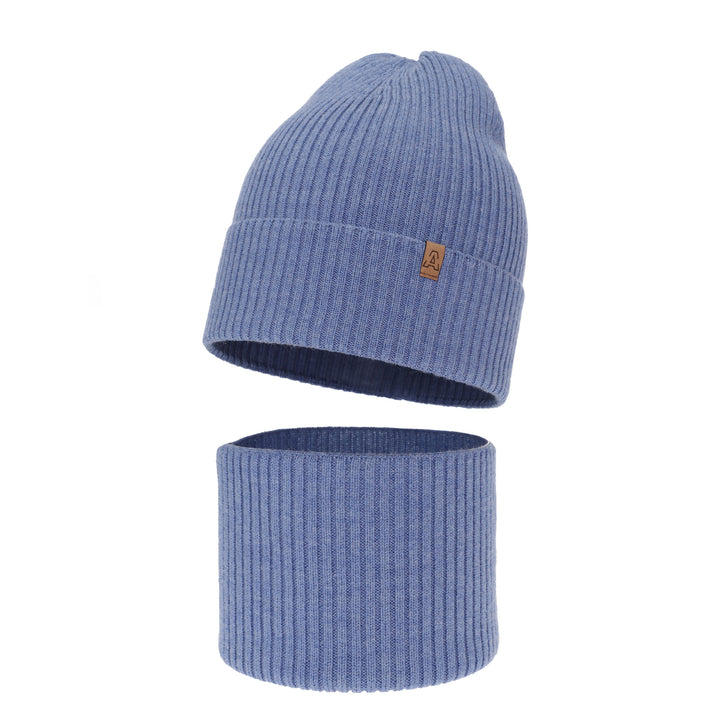 A blue knit beanie and matching blue ribbed neck warmer are shown against a white background.