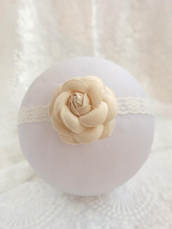 A white, round object with a delicate white lace trim around the edge, featuring a single light-colored flower as the focal point.