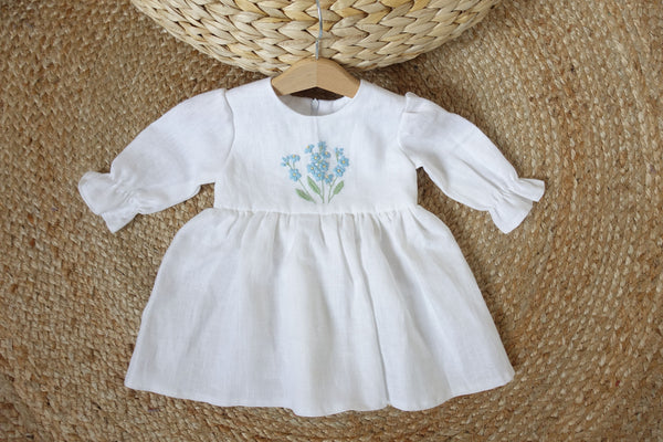 Rochie din in prespalat cu broderie manuala, Flori de Nu-Ma-Uita